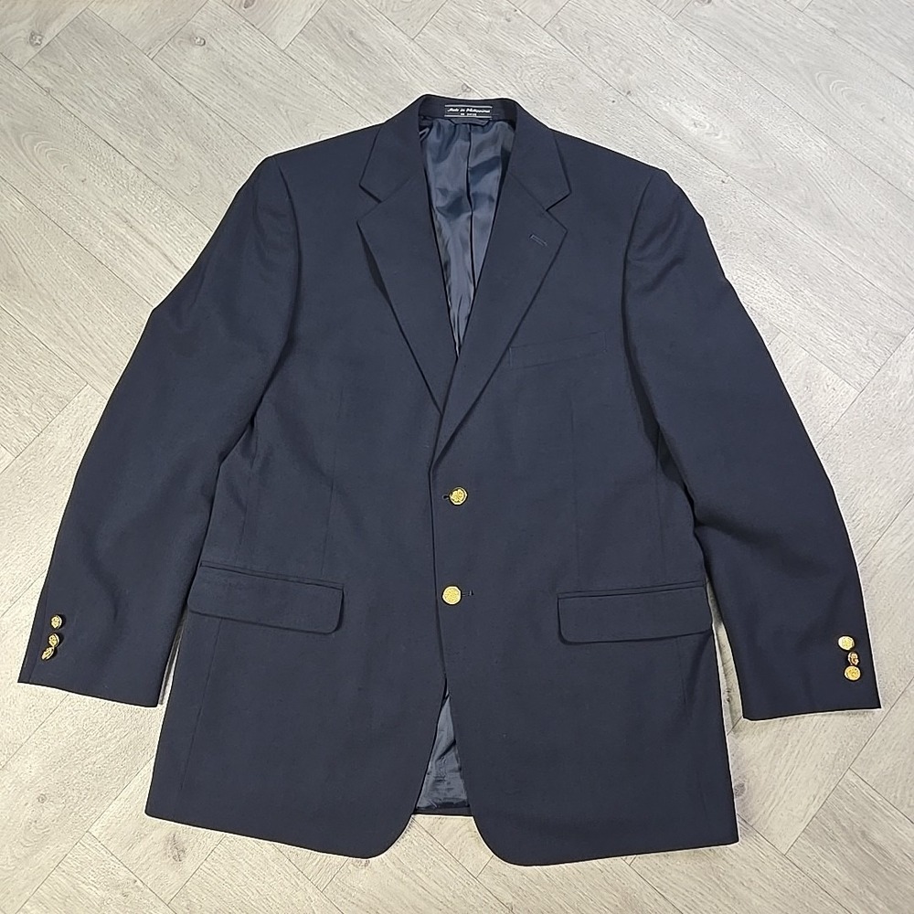 Franco Lanzetti Mens 42L Suit Sport Coat  Blazer Navy Blue Jacket Gold Buttons
